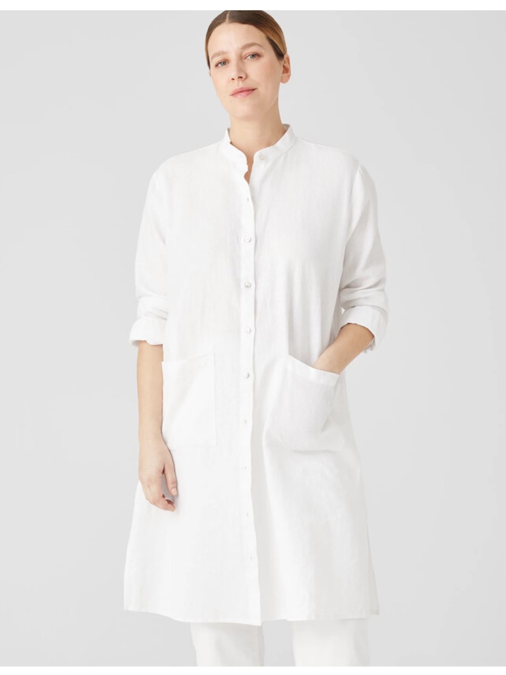 Eileen Fisher Organic Linen Mandarin Collar Shirt Dress Size 1X Coastal